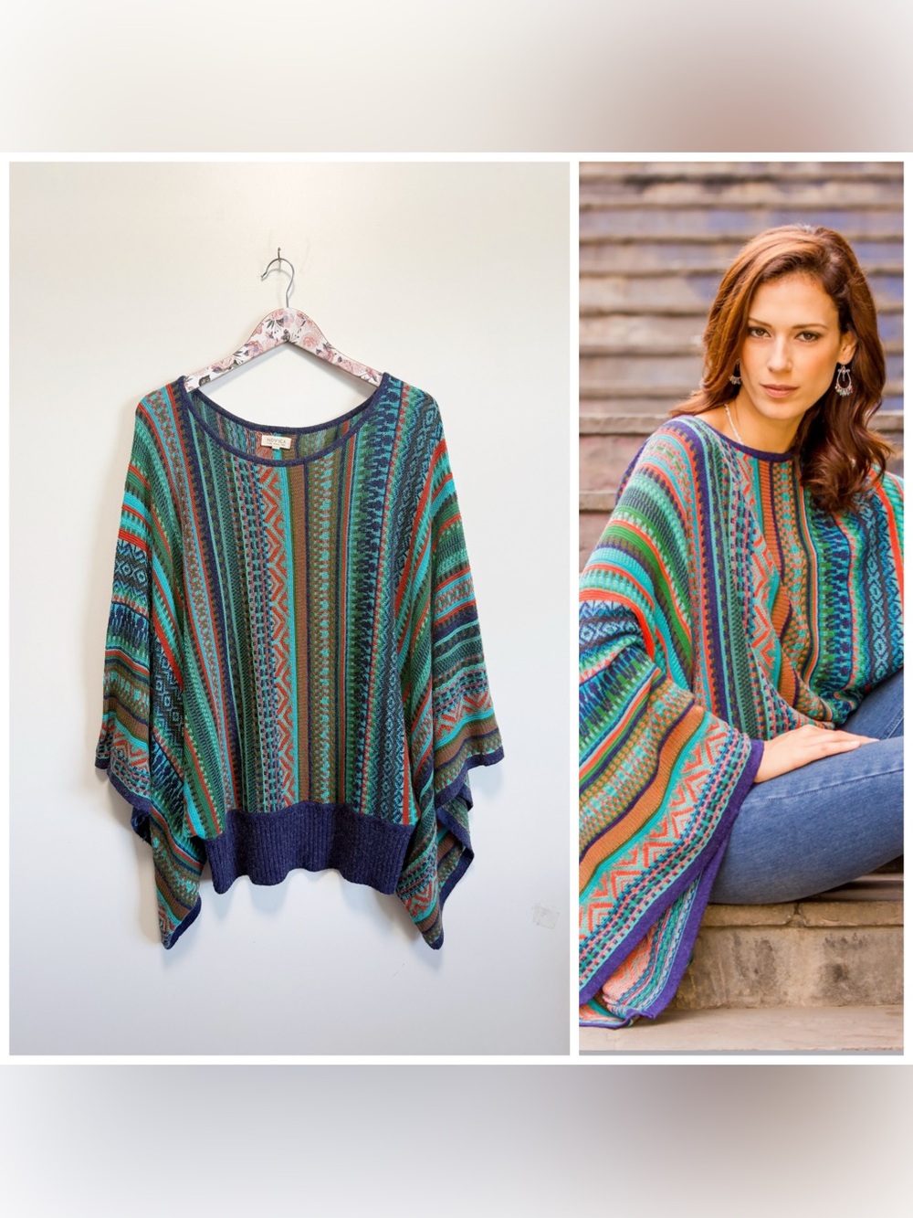 NOVICA Lima Dance Bohemian Knit Sweater PERU Turquoise Stripes S/M Alpaca